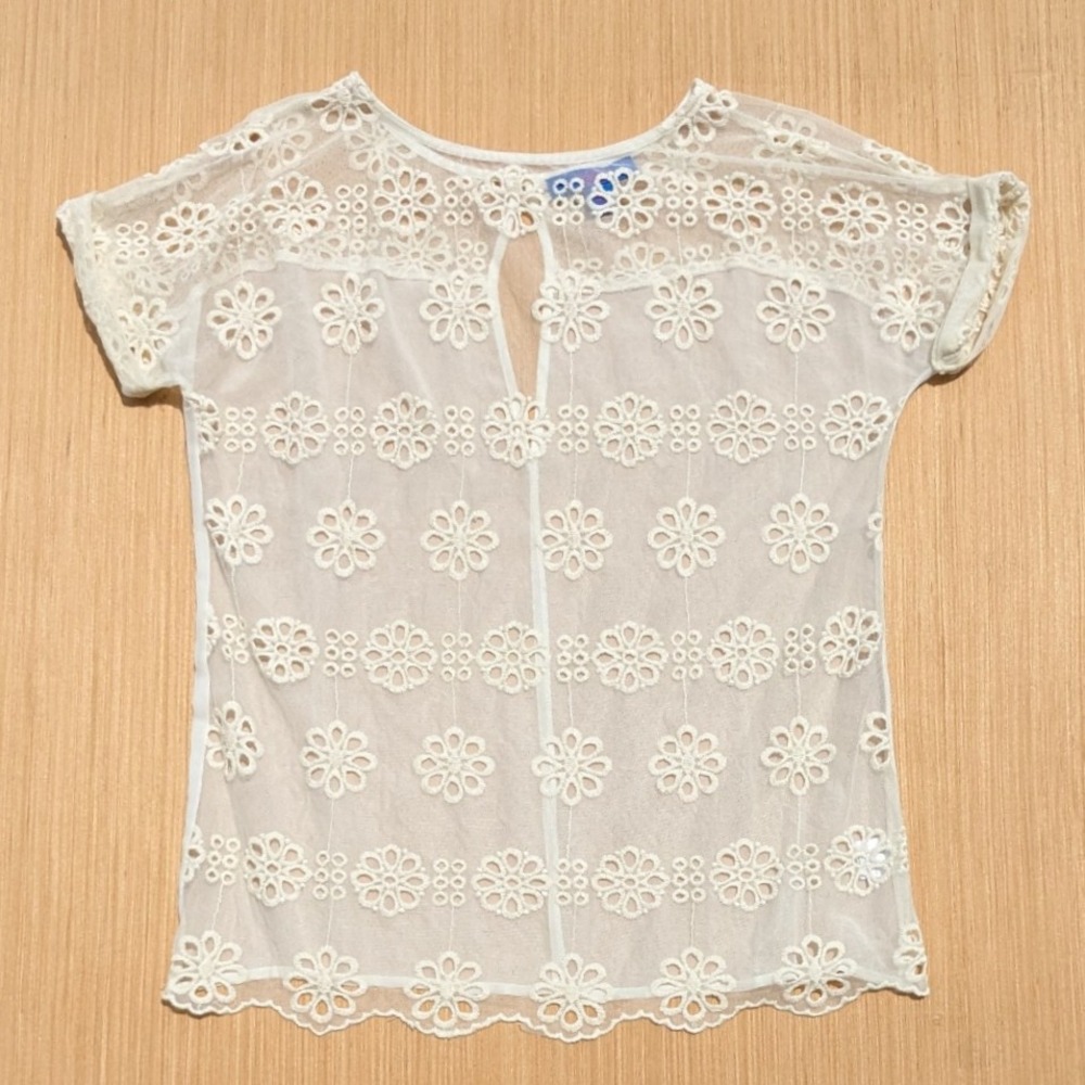 Twiggy London Sheer Floral Embroidery Neutral Short Sleeve Top Women's XS